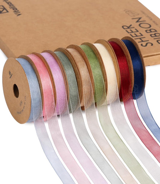Vitalizart 3/8" x 90 Yards Organza Ribbon Pastel Color 9 Rolls x 10 Yd Sheer Ribbon (Pastel 9 Rolls)