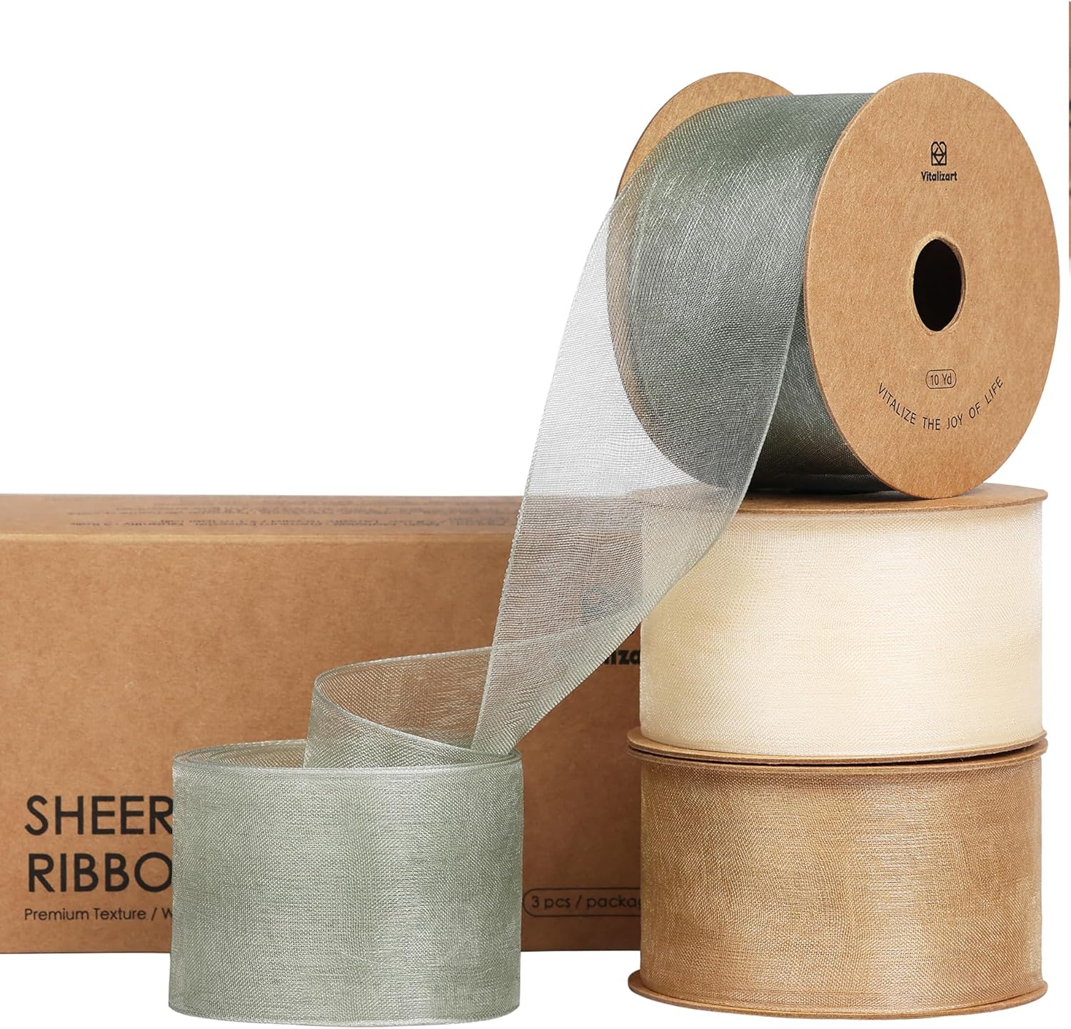 Vitalizart Organza Ribbon 1.5" x 30 Yd Cream White Rose Gold & Dusty Green Sheer(White Rose Gold & Green) - Vitalizart