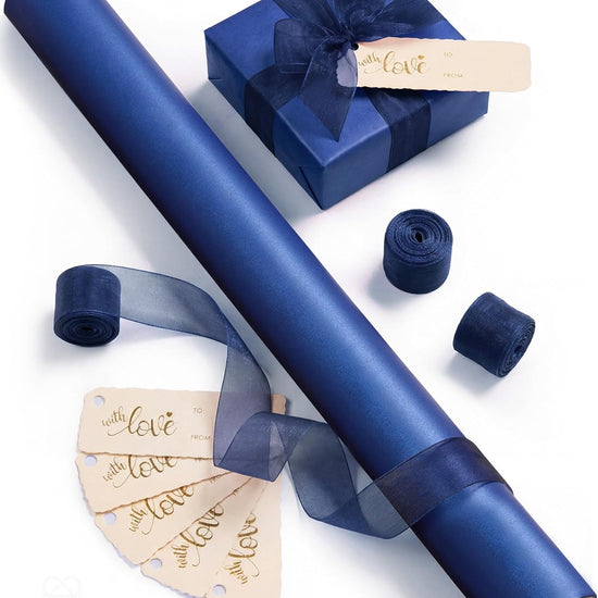 Vitalizart Pearly Wrapping Paper Set 17" × 197" w/ Satin Ribbon & Tags – Navy Blue - Vitalizart