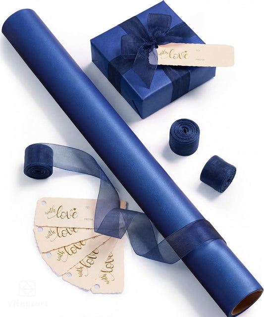 Vitalizart Pearly Wrapping Paper Set 17" × 197" w/ Satin Ribbon & Tags – Navy Blue - Vitalizart