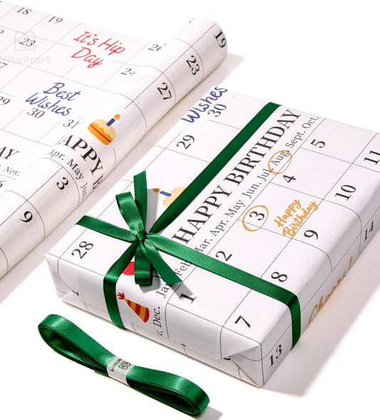 Vitalizart Write-On Calendar Birthday Wrapping Paper Set 17" With 5-Yard Twine Recyclable Customizable Gift Wrap
