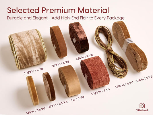 Vitalizart Brown Mixed Velvet Ribbon Set for Gift Wrapping Baby Shower Wedding Bridal Bouquets Holiday Decor 28Yd（Brown)
