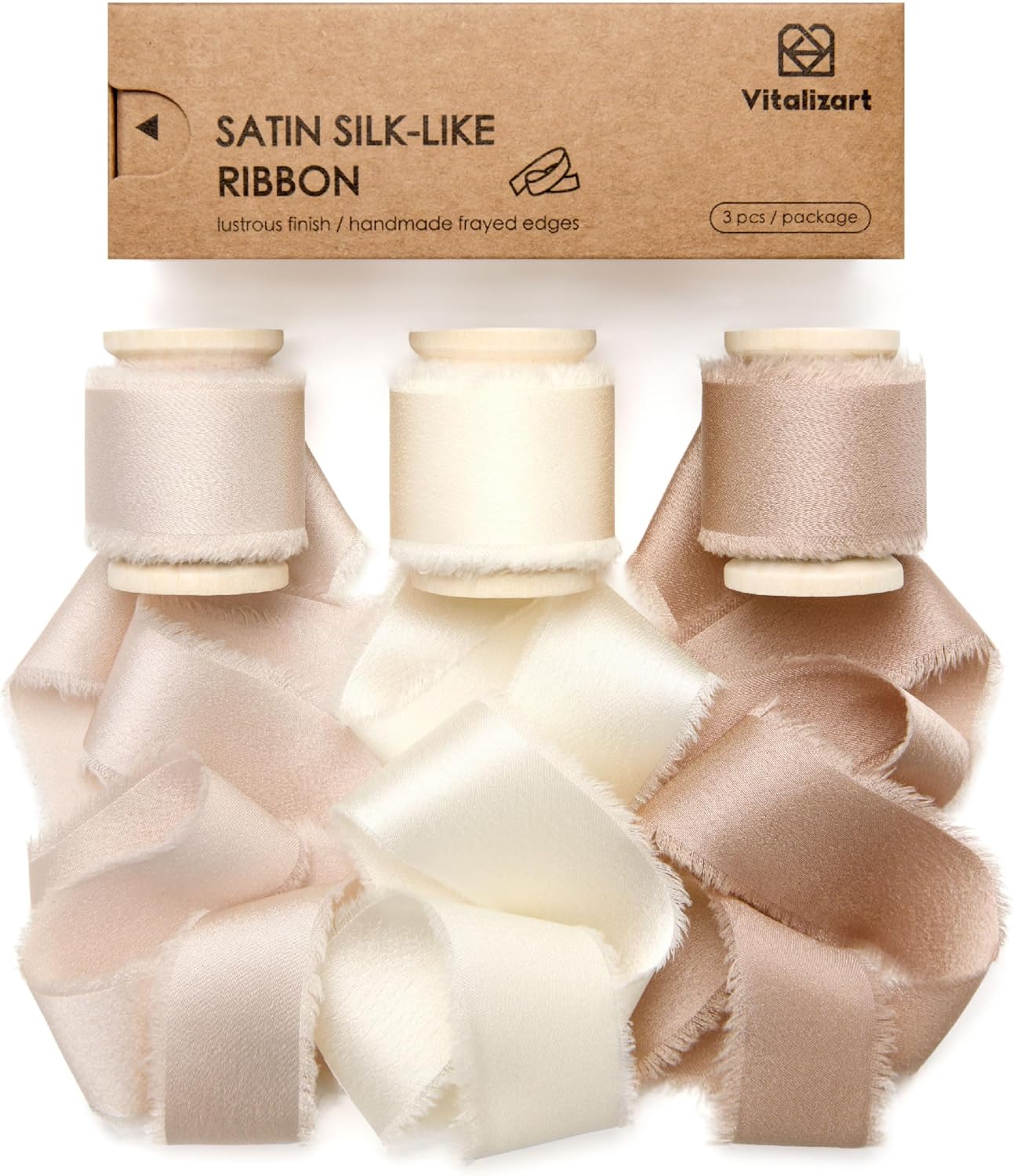 Silk Satin Ribbon with Wooden Spool 1.5” x 15 Yd (Champagne & Nude) - Vitalizart