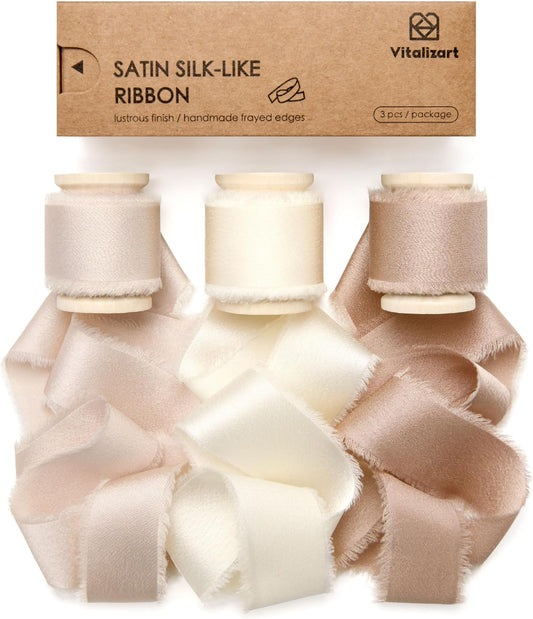 Silk Satin Ribbon with Wooden Spool 1.5” x 15 Yd (Champagne & Nude)
