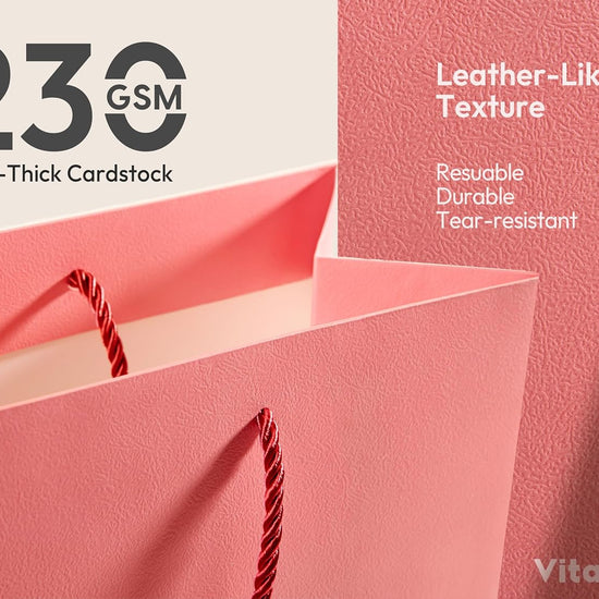 Vitalizart Paper Gift Bags With Ribbon Handles Set of 4 Pink Bulk Reusable For Gift Wrap 13" x10"x5"Large Size(Pink & Cream) - Vitalizart