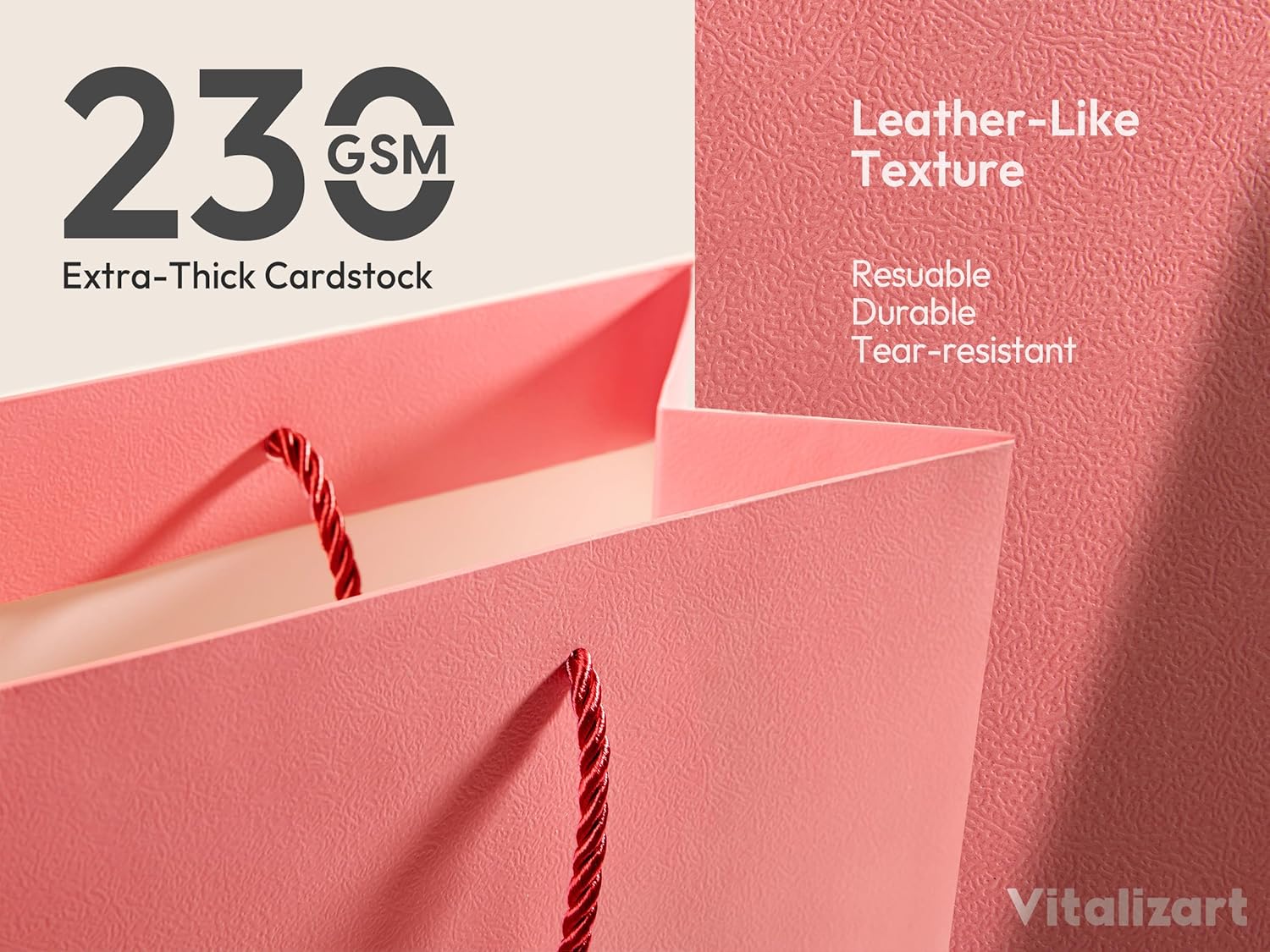 Vitalizart Paper Gift Bags With Ribbon Handles Set of 4 Pink Bulk Reusable For Gift Wrap 13" x10"x5"Large Size(Pink & Cream) - Vitalizart