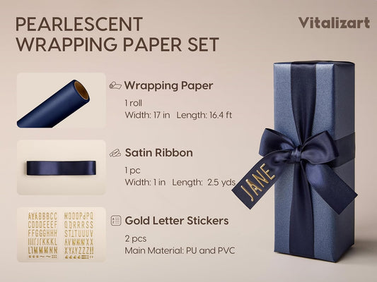 Vitalizart Pearlescent Holographic Wrapping Paper Set with Silky Satin Ribbon – Navy Paper & Blue Ribbons - Vitalizart