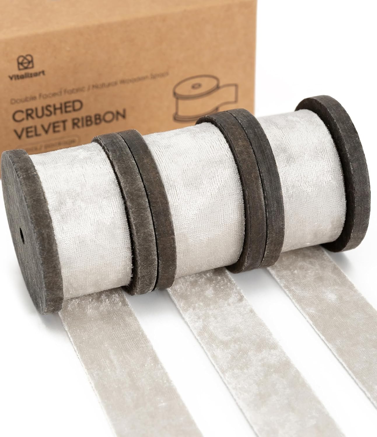Deluxe Velvet Ribbon Set With Wooden Spool 1" x 9Yd (White) - Vitalizart