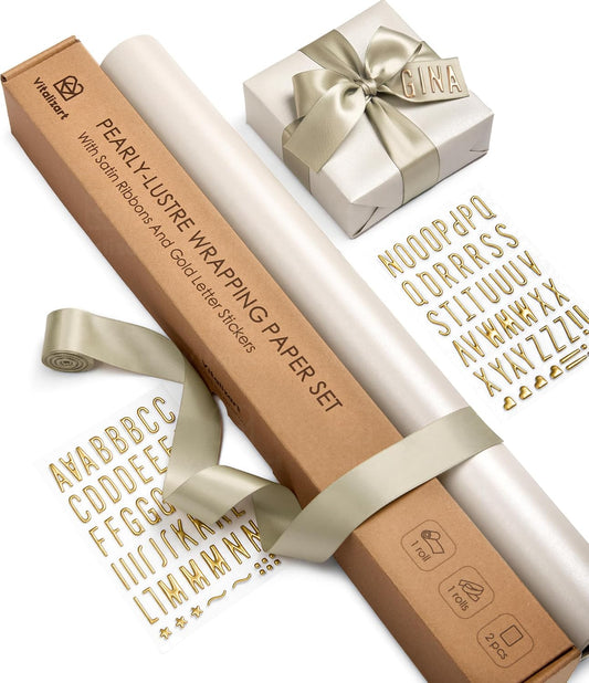 Vitalizart Pearlescent Holographic Wrapping Paper Set with Silky Satin Ribbon – White Paper & Sage RIbbons - Vitalizart