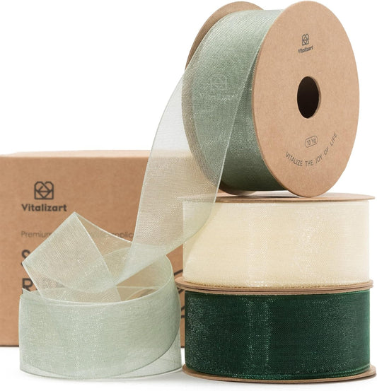 ORGANZA SHEER RIBBON 1“ X 30 YD(Cream White & Green)