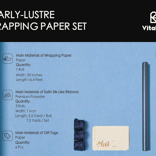 Wrapping Paper Set 30"x197" Pearly - Lustre With Silk Like Satin Ribbon & Gift Tags (Blue Paper & Blue Ribbons) - Vitalizart