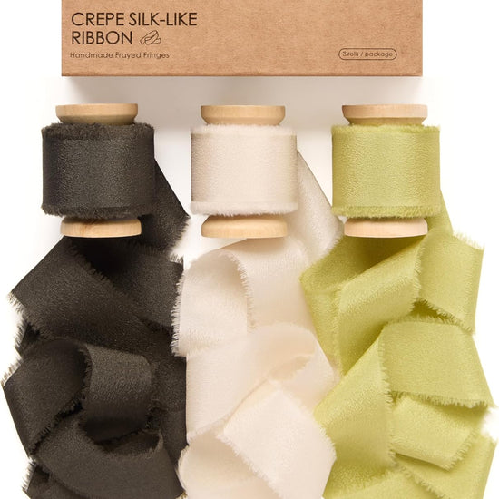 Frayed Fringe Crepe Silk Satin Ribbon 1" x 21 Yard (Green & White) - Vitalizart