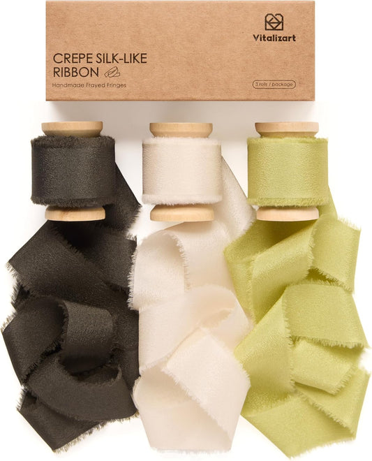 Frayed Fringe Crepe Silk Satin Ribbon 1" x 21 Yard (Green & White) - Vitalizart