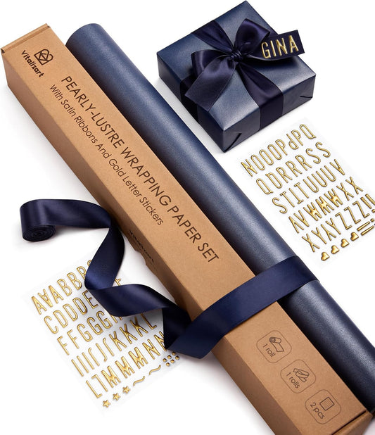 Vitalizart Pearlescent Holographic Wrapping Paper Set with Silky Satin Ribbon – Navy Paper & Blue Ribbons - Vitalizart