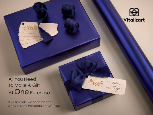 Wrapping Paper Set 30"x197" Matte Metallic With Silk Satin Ribbon & Gift Tags for Baby (Blue Paper & Blue Ribbons)