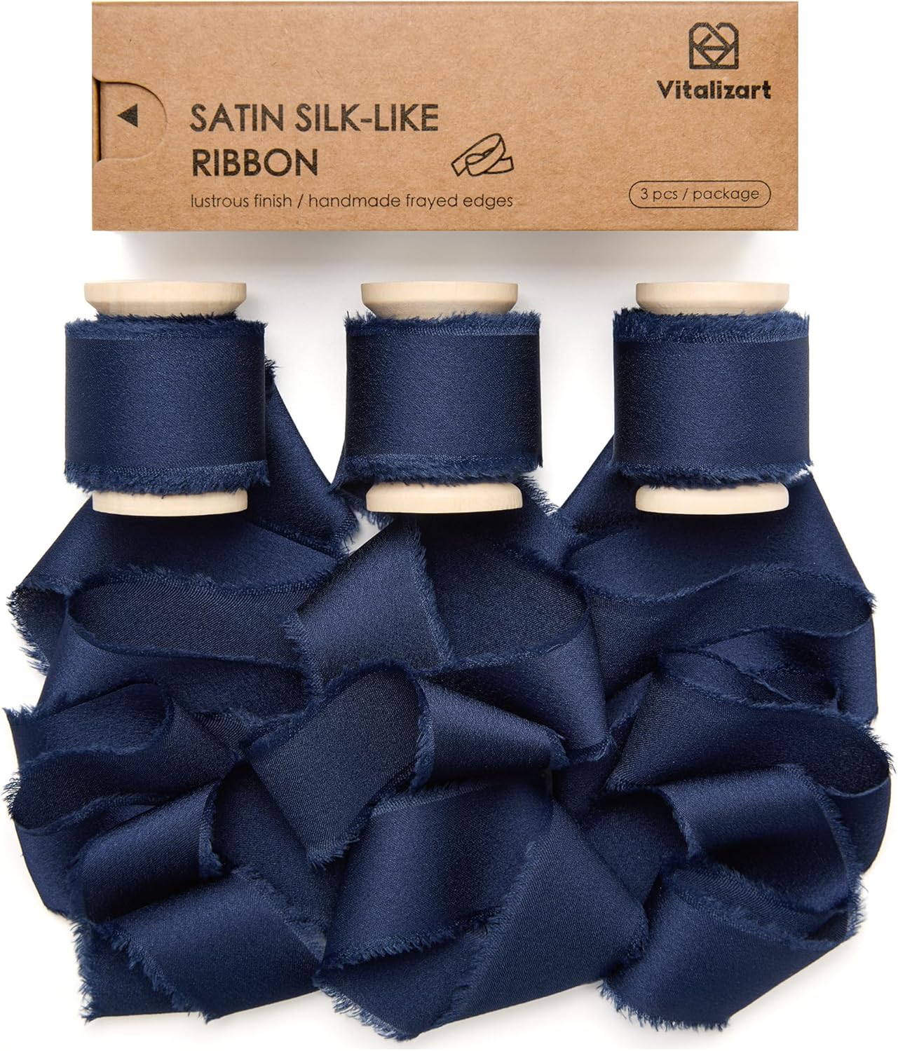 Silk Satin Ribbon With Wooden Spool 1" x 15 Yd (Navy Blue) - Vitalizart