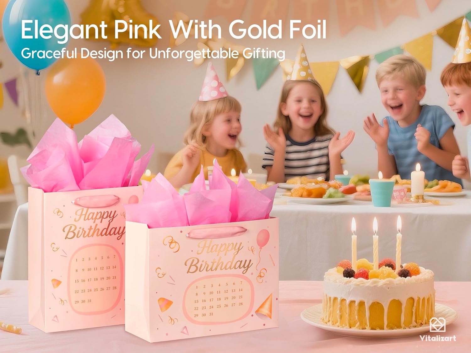 Vitalizart Birthday Paper Gift Bags w/ Ribbon Handles – Set of 2, （Pink, Kids Party Favors）