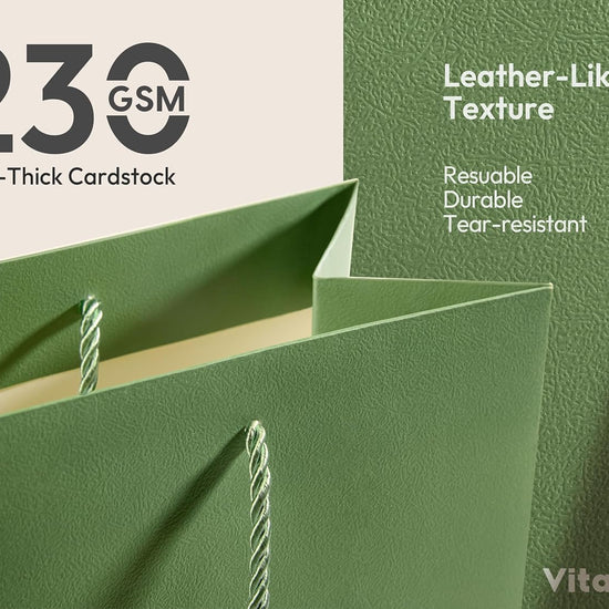 Vitalizart Paper Gift Bags With Ribbon Handles Set of 4 Green Bulk Reusable For Gift Wrap 13" x10"x5"Large Size( Green & Cream) - Vitalizart