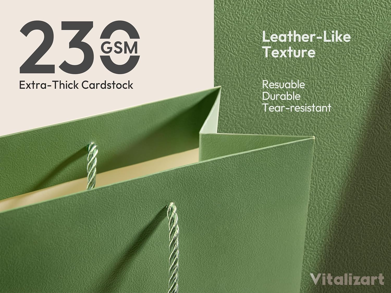 Vitalizart Paper Gift Bags With Ribbon Handles Set of 4 Green Bulk Reusable For Gift Wrap 13" x10"x5"Large Size( Green & Cream) - Vitalizart