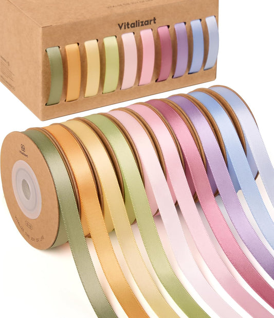 Vitalizart Ribbons for Crafts 3/8" x 100Yd Satin Ribbon Double Face Gift Wrapping Pastel 10 Colours - Vitalizart