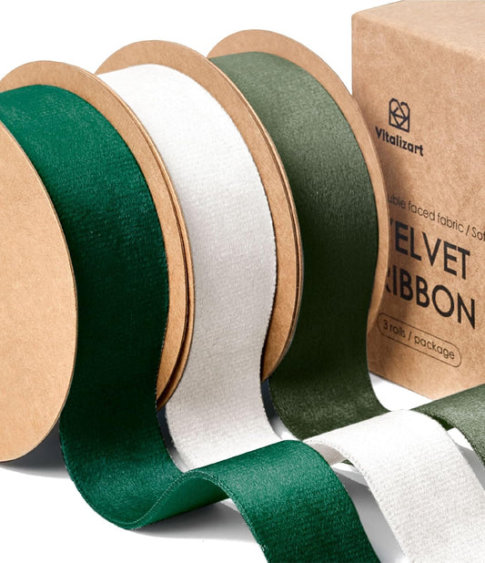 Double Faced Velvet Ribbon Set 1" x 15 Yd (Dark Green & White)
