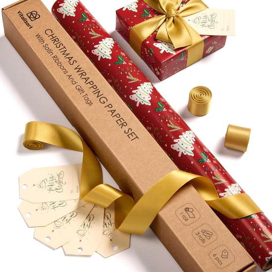 Vitalizart Christmas Wrapping Paper Roll Set 17" With Satin Ribbon & Gift Tags(Christmas Wrapping Paper Set) - Vitalizart