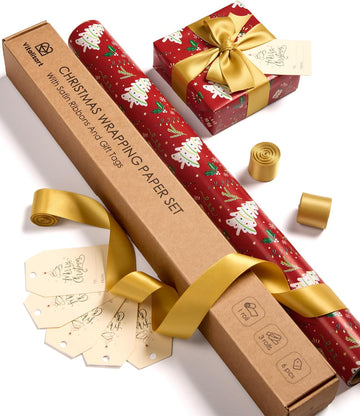Vitalizart Christmas Wrapping Paper Roll Set 17" With Satin Ribbon & Gift Tags(Christmas Wrapping Paper Set) - Vitalizart