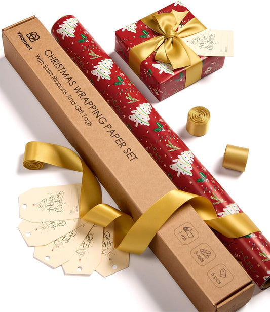 Vitalizart Christmas Wrapping Paper Roll Set 17" With Satin Ribbon & Gift Tags(Christmas Wrapping Paper Set) - Vitalizart
