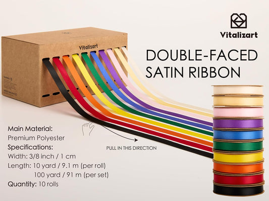 Vitalizart Ribbons for Crafts 3/8" x 100Yd Satin Ribbon Double Face Gift Wrapping( Rainbow 10 colours) - Vitalizart