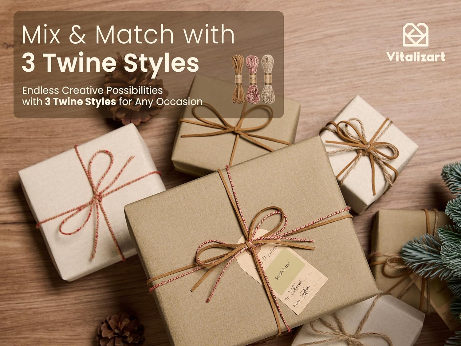 Vitalizart Textured Wrapping Paper Set 30" Roll Twine Ribbons & Tags Eco - Friendly Extra Thick(Beige Paper & Twine Ribbons Set) - Vitalizart