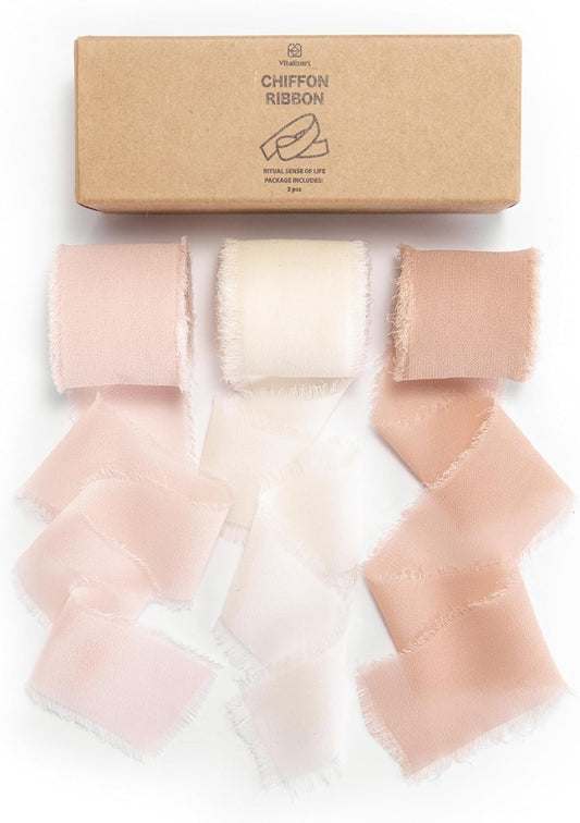 Fringe Chiffon Silk Ribbon 1 1/2 Inch x 21Yd (Pink & Cream)