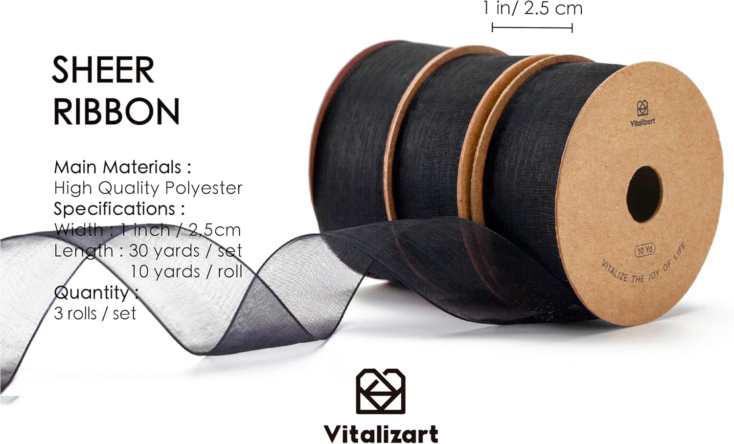 ORGANZA SHEER RIBBON 1“ X 30 YD (Black) - Vitalizart