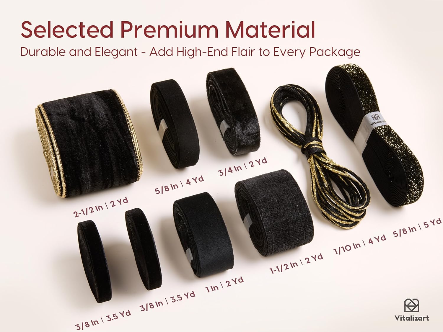 Vitalizart Black Mixed Velvet Ribbon Set for Gift Wrapping Baby Shower Wedding Bridal Bouquets Holiday Decor 28Yd（Black)