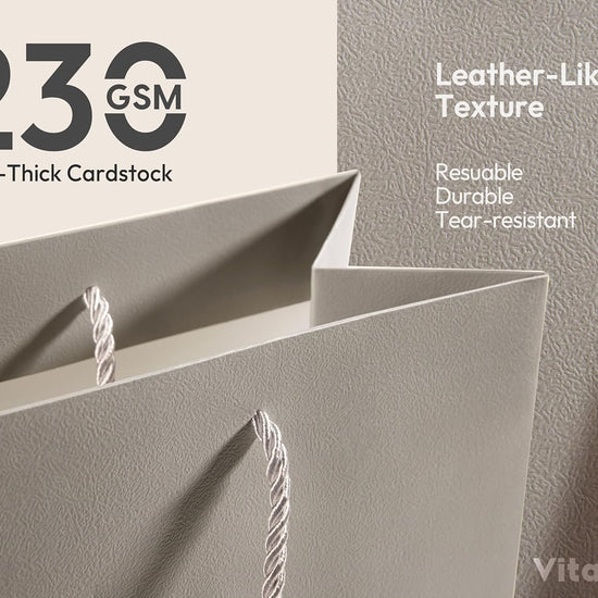 Vitalizart Paper Gift Bags With Ribbon Handles Set of 4 Grey Bulk Reusable For Gift Wrap 13" x10"x5"Large Size(Cream & Champagne) - Vitalizart
