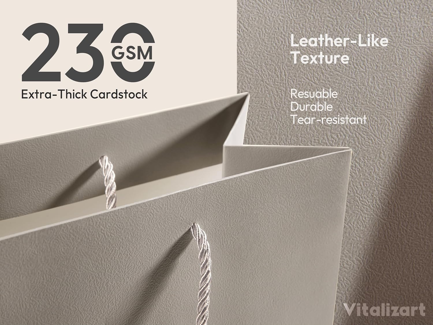 Vitalizart Paper Gift Bags With Ribbon Handles Set of 4 Grey Bulk Reusable For Gift Wrap 13" x10"x5"Large Size(Cream & Champagne) - Vitalizart