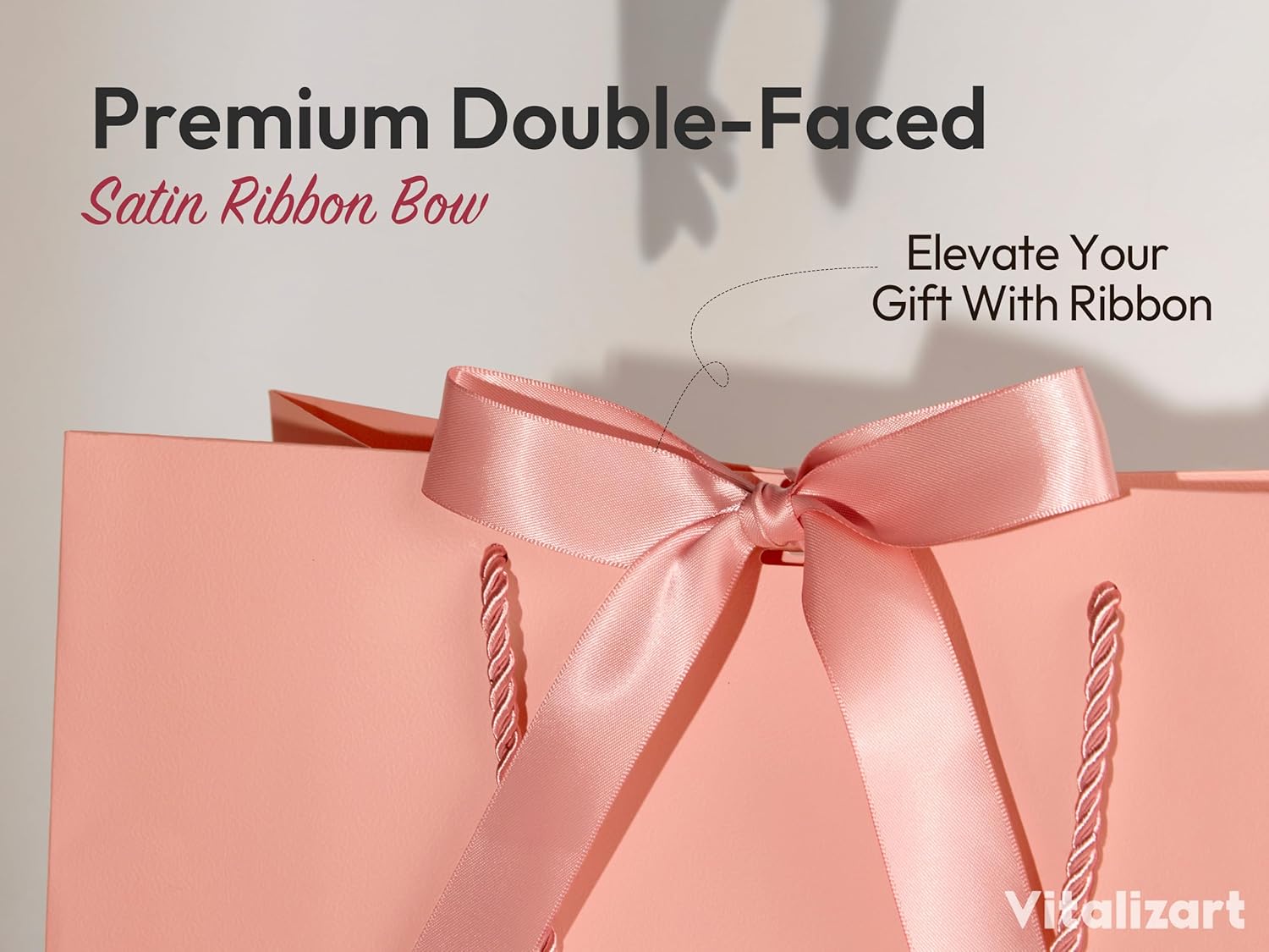 Vitalizart Paper Gift Bags With Ribbon Handles Set of 4 Pink Bulk Reusable For Gift Wrap 13" x10"x5"Large Size(Pink & Cream) - Vitalizart