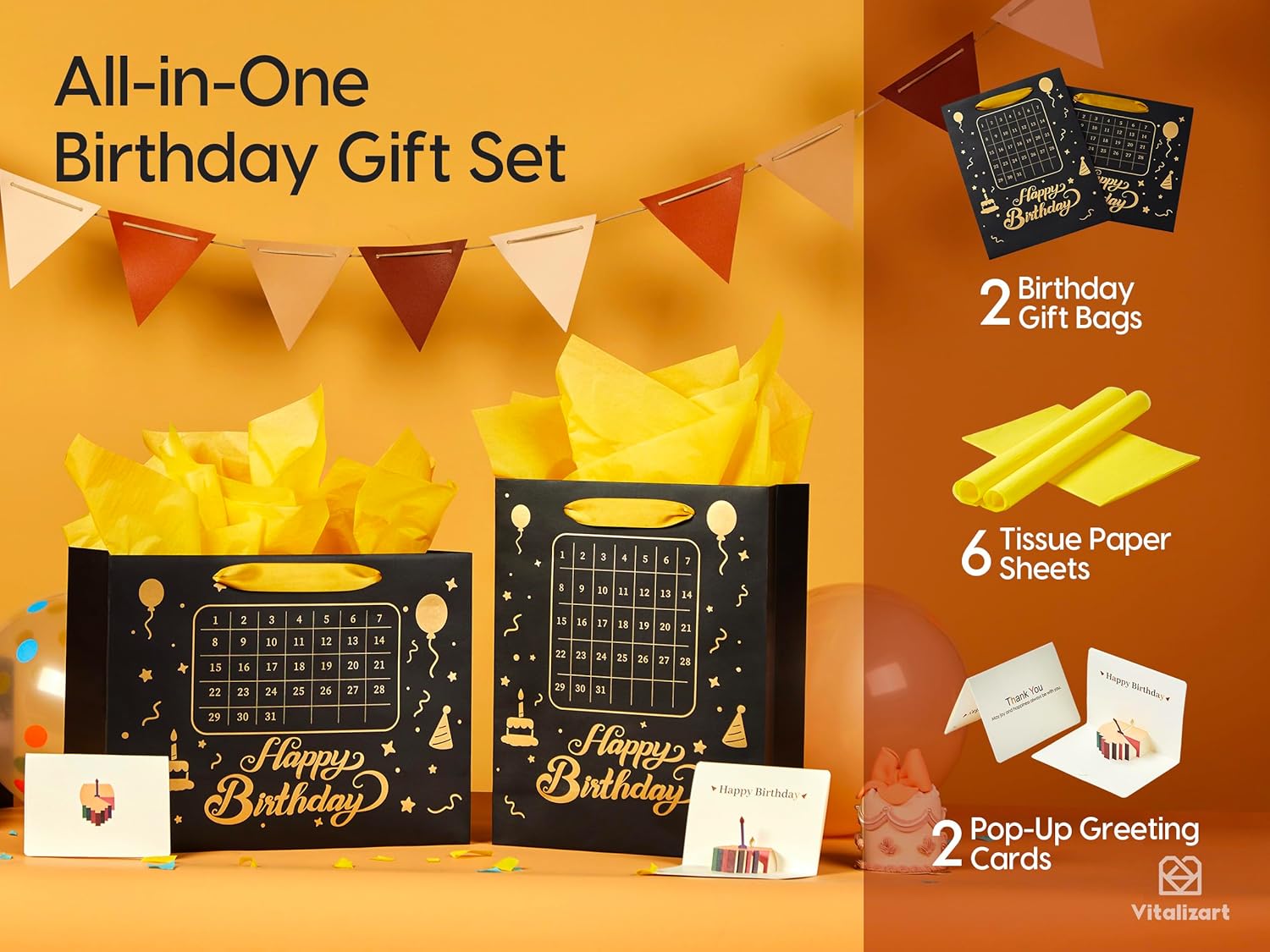 Vitalizart Birthday Paper Gift Bags w/ Ribbon Handles – Set of 2, （Black, Kids Party Favors）