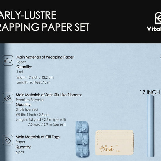 Wrapping Paper Set 17"x197" Pearly-Lustre With Silk Like Satin Ribbon & Gift Tags (Dusty Blue Paper & Dusty Blue Ribbons) - Vitalizart
