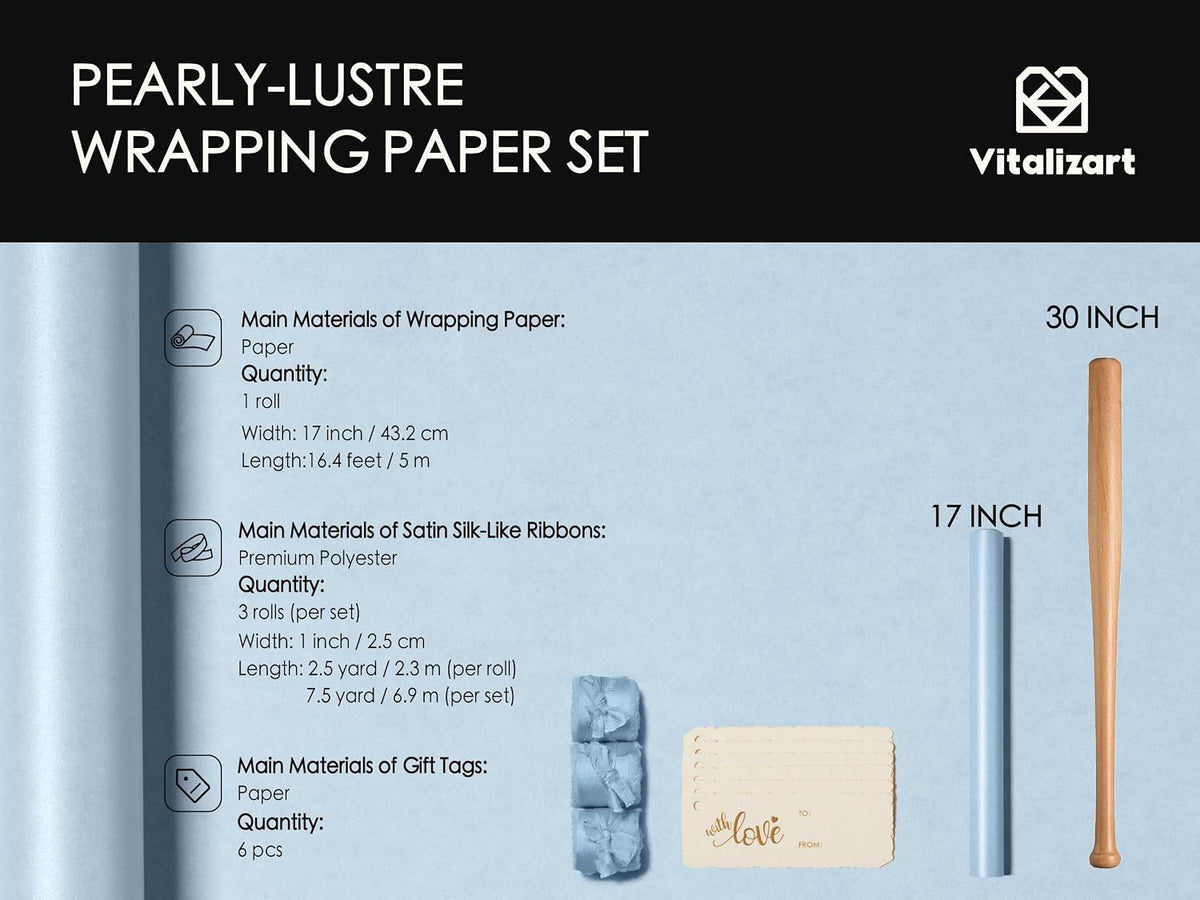 Wrapping Paper Set 17"x197" Pearly-Lustre With Silk Like Satin Ribbon & Gift Tags (Dusty Blue Paper & Dusty Blue Ribbons) - Vitalizart