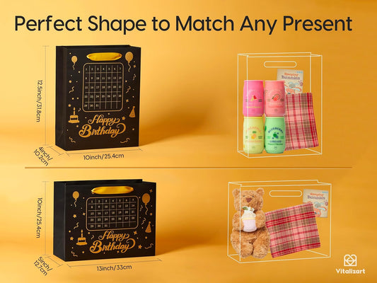 Vitalizart Birthday Paper Gift Bags w/ Ribbon Handles – Set of 2, （Black, Kids Party Favors）