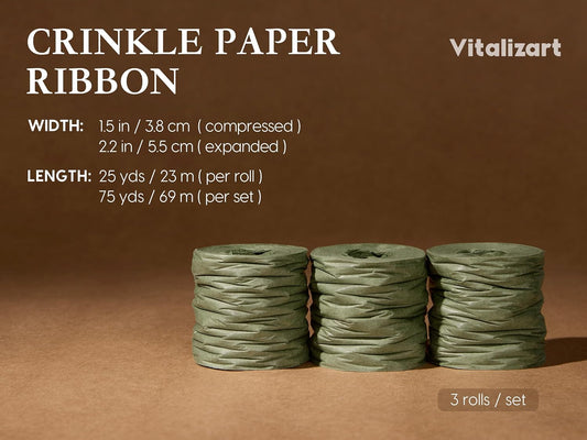 Vitalizart Crinkle Paper Ribbon 1.5" x 75 Yards, Reusable Recyclable Easy Tear(GREEN) - Vitalizart