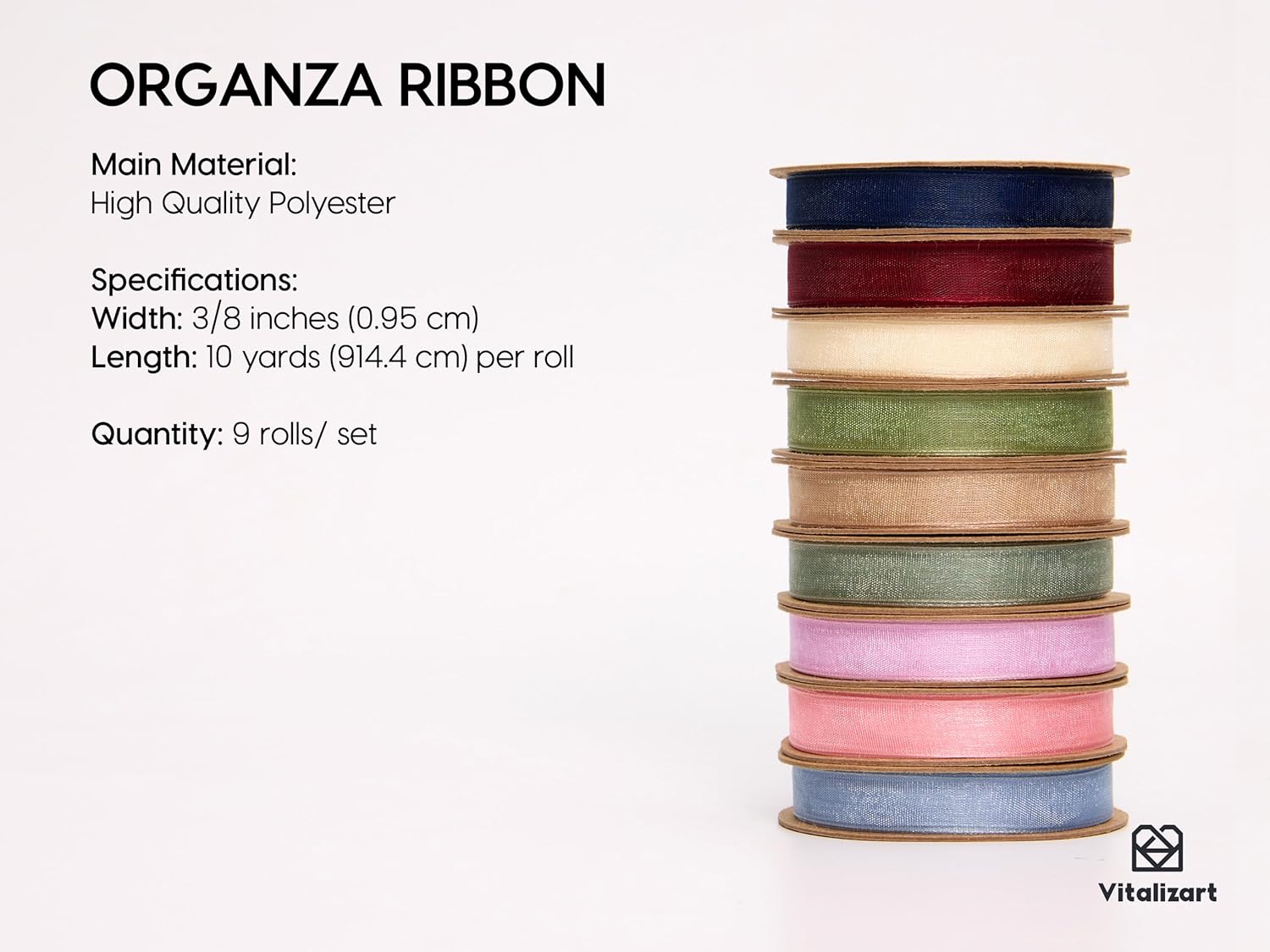 Vitalizart 3/8" x 90 Yards Organza Ribbon Pastel Color 9 Rolls x 10 Yd Sheer Ribbon (Pastel 9 Rolls) - Vitalizart
