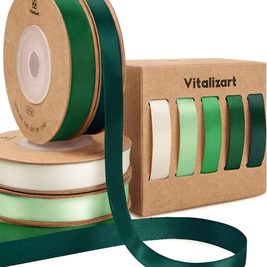 Double Face Satin Ribbon 3/8"x 50Yd (Green & Cream) - Vitalizart