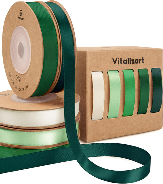 Double Face Satin Ribbon 3/8"x 50Yd (Green & Cream) - Vitalizart