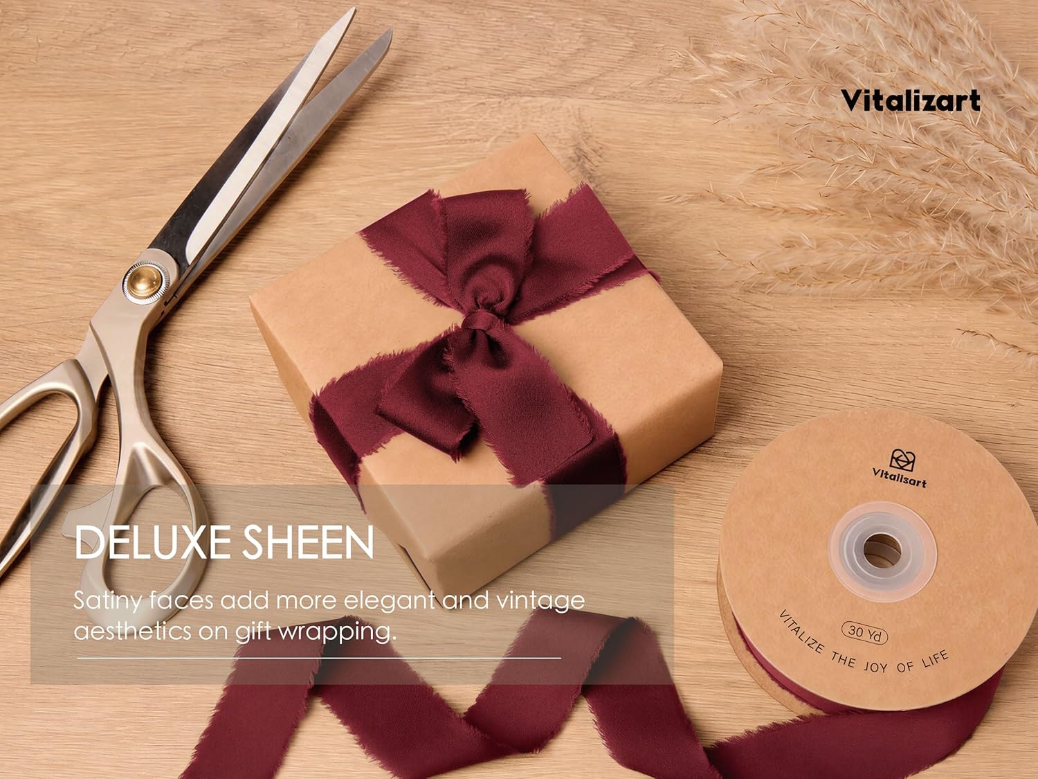 Frayed Fringe Silk Satin Ribbon 1" x 30 Yard (Burgundy) - Vitalizart
