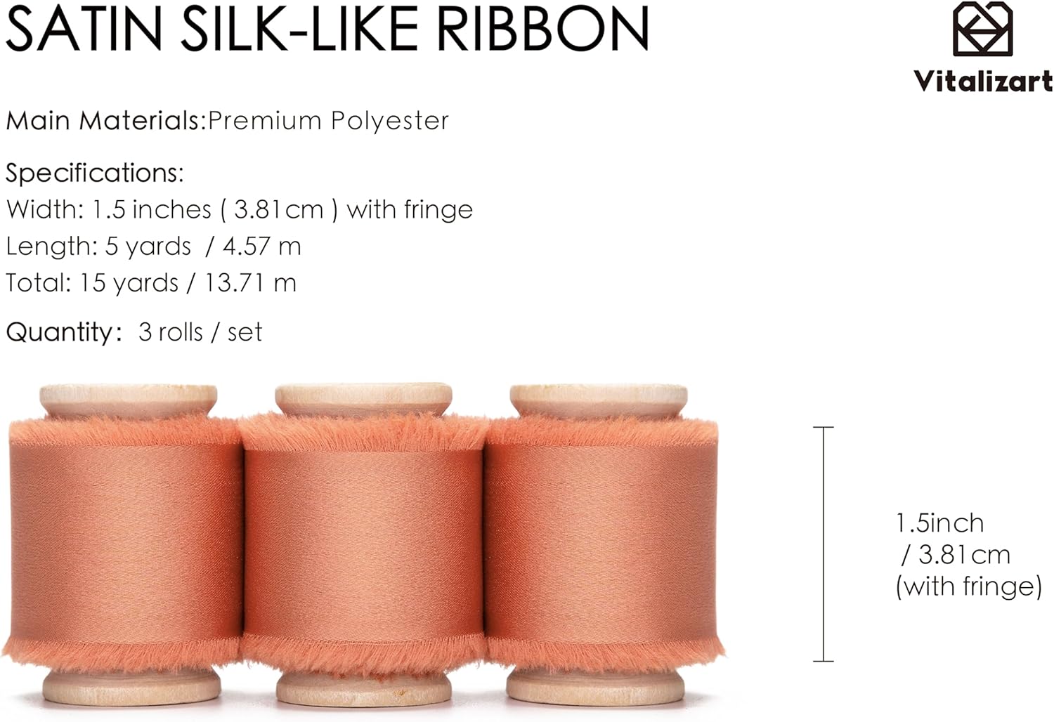 Silk Satin Ribbon with Wooden Spool 1.5” x 15 Yd (Burnt Orange)