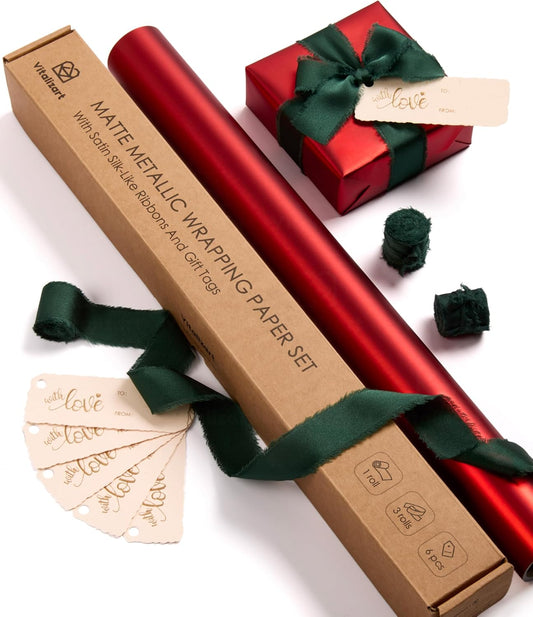 WRAPPING PAPER SET 17"X197" MATTE METALLIC WITH SILK SATIN RIBBON & GIFT TAGS FOR BABY (RED PAPER &GREEN RIBBONS) - Vitalizart