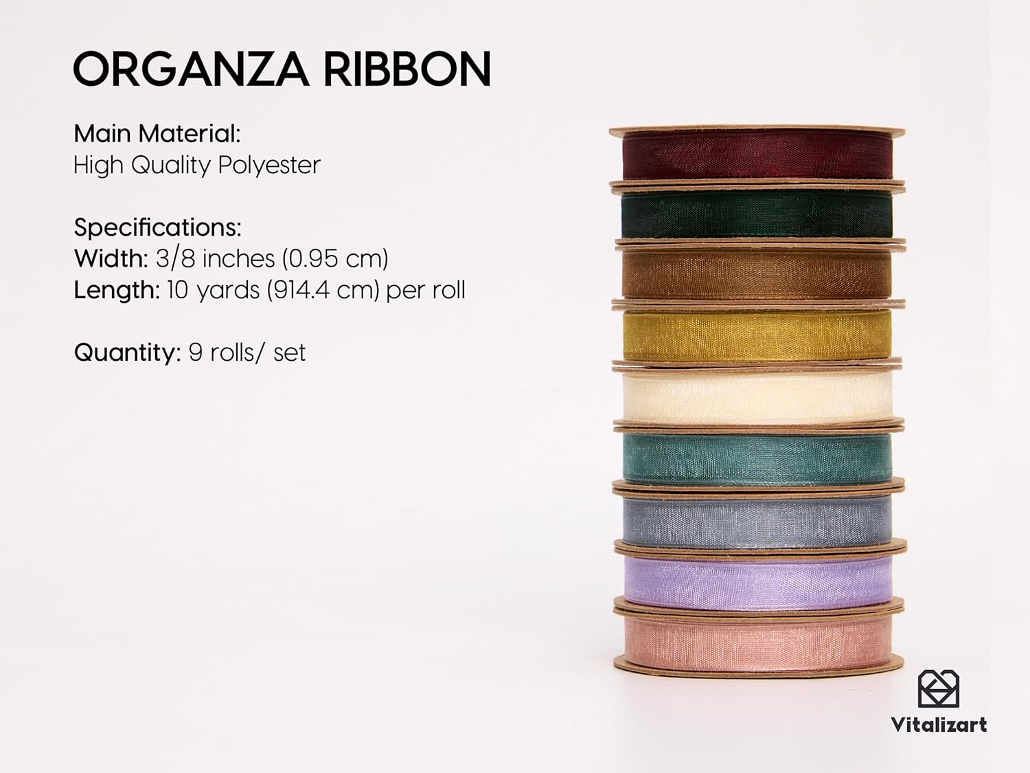 Vitalizart Organza Ribbon 3/8" x 30 Yd Cream White Rose Gold & Dusty Green Sheer Ribbons(Mixed 9 Rolls) - Vitalizart