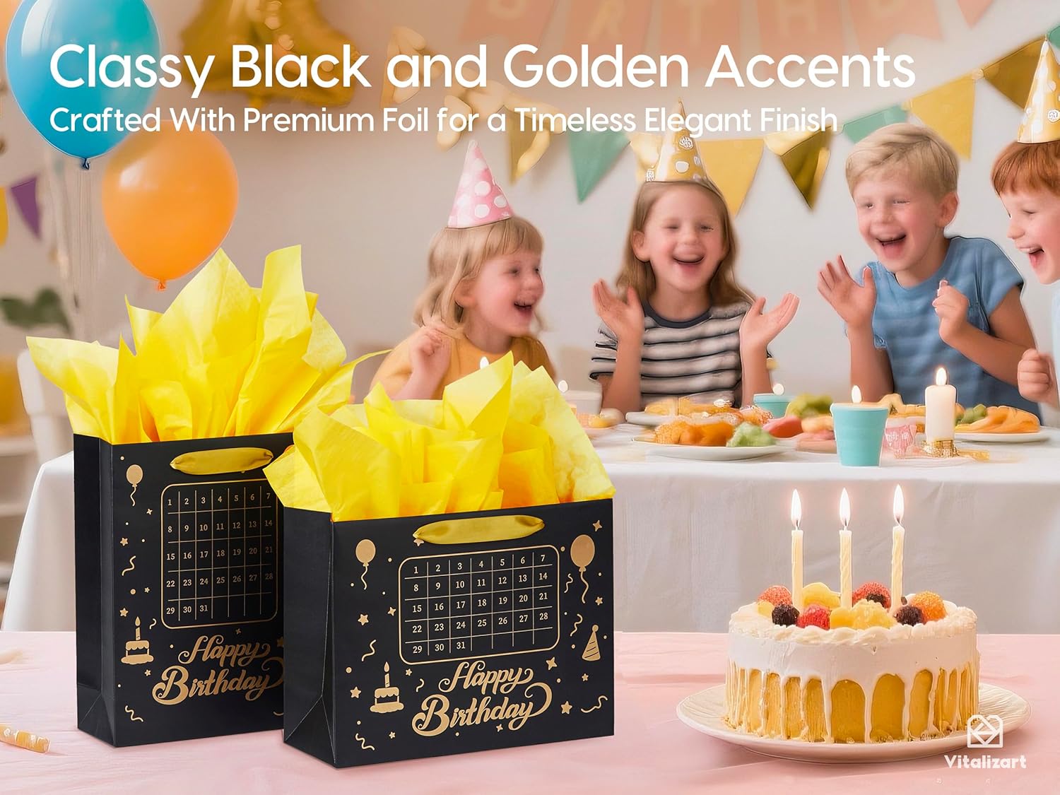 Vitalizart Birthday Paper Gift Bags w/ Ribbon Handles – Set of 2, （Black, Kids Party Favors）