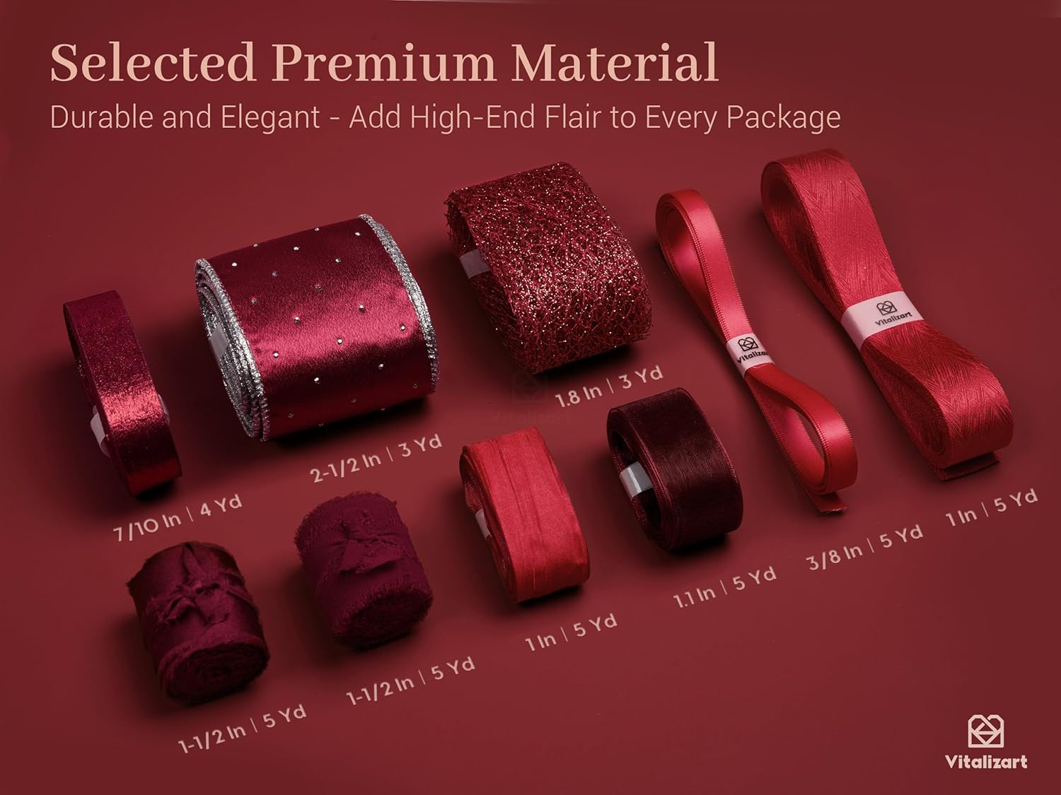 Vitalizart Luxury Purple Ribbon Set – 40 Yards(9 Textures)9 Red Ribbons 40Yd